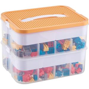 Plastic Stackable Organizer Storage Case with Building Blocks Lids for lego, Storage Containers with Carrying Handle and Adjustable Grid Organizers, 2Layer Orange