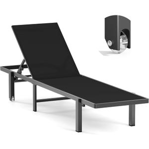 Aluminum Chaise Lounge Chair Outdoor with Wheels, Patio Lounge Chair with Adjustable 5-Position Recliner and Full Flat Tanning Chair for Patio, Beach, Pool, Black