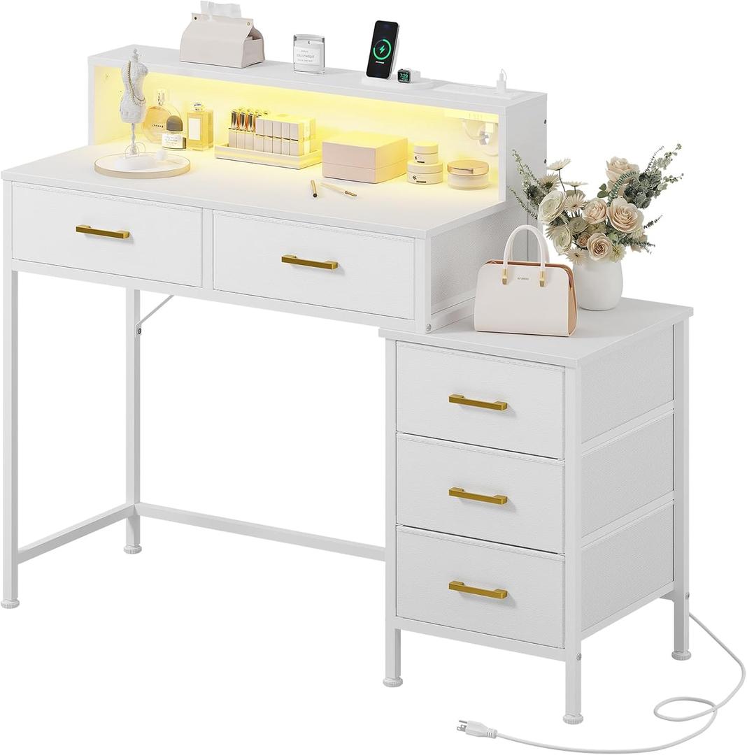 KOUSEI Vanity Desk Without Mirror, 47'' Small Makeup Vanity with 5 Fabric Drawers, White Dressing Table with Charging Station, Modern Simple Home Office Desks, Makeup Dressing Table Bedroom,White