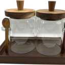 Glass Jars with Brown Wooden Lids and Scoops 20oz 2Pack with Tray, Airtight Food Storage Containers with Tray for Sugar Coffee Bean Candy Spice