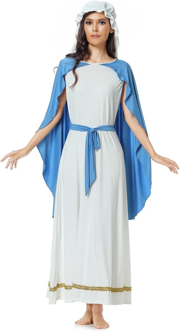 Virgin Mary Costume for Womens, Adult's Biblical Robe Role-Play Easter Church Halloween Christmas Cosplay (Medium, Blue-white)