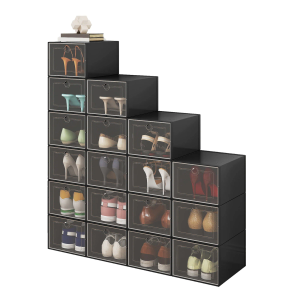 Details from Shoe Storage Box, 15 Pack Clear Plastic Stackable Shoe Organizer for Closet, Interlocking Design for Sneakers, Foldable Shoes Container Rack with Lids, Black Details from Shoe Storage Box, 15 Pack Clear Plastic Stackable Shoe Organizer for Closet, Interlocking Design for Sneakers, Foldable Shoes Container Rack with Lids, Black