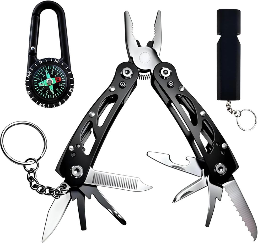 Portable Small Multitool & Compass & Whistle, Lightweight Survival Tool with Pocket Plier & Knife for Hiking Camping Fishing Cycling, EDC Gadgets for Men
