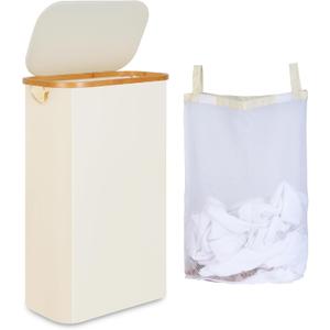 60L Slim Laundry Hamper, Narrow Laundry Basket with Lid,Foldable Clothes Hamper with Bamboo Handles,Hamper Basket with Removable Inner Bag for Laundry Room Bedroom College Dorm,15.85 Gals Beige