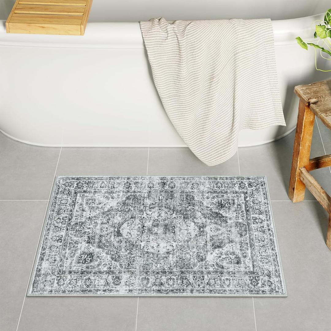 Uphome Gray Bath Mat, Distressed Farmhouse Boho Bathroom Rugs, Super Cozy Velvet Small Bathroom Mats, Non Slip Machine Washable Bathroom Floor Mat for Toilet Sink Shower, 18x26 inch