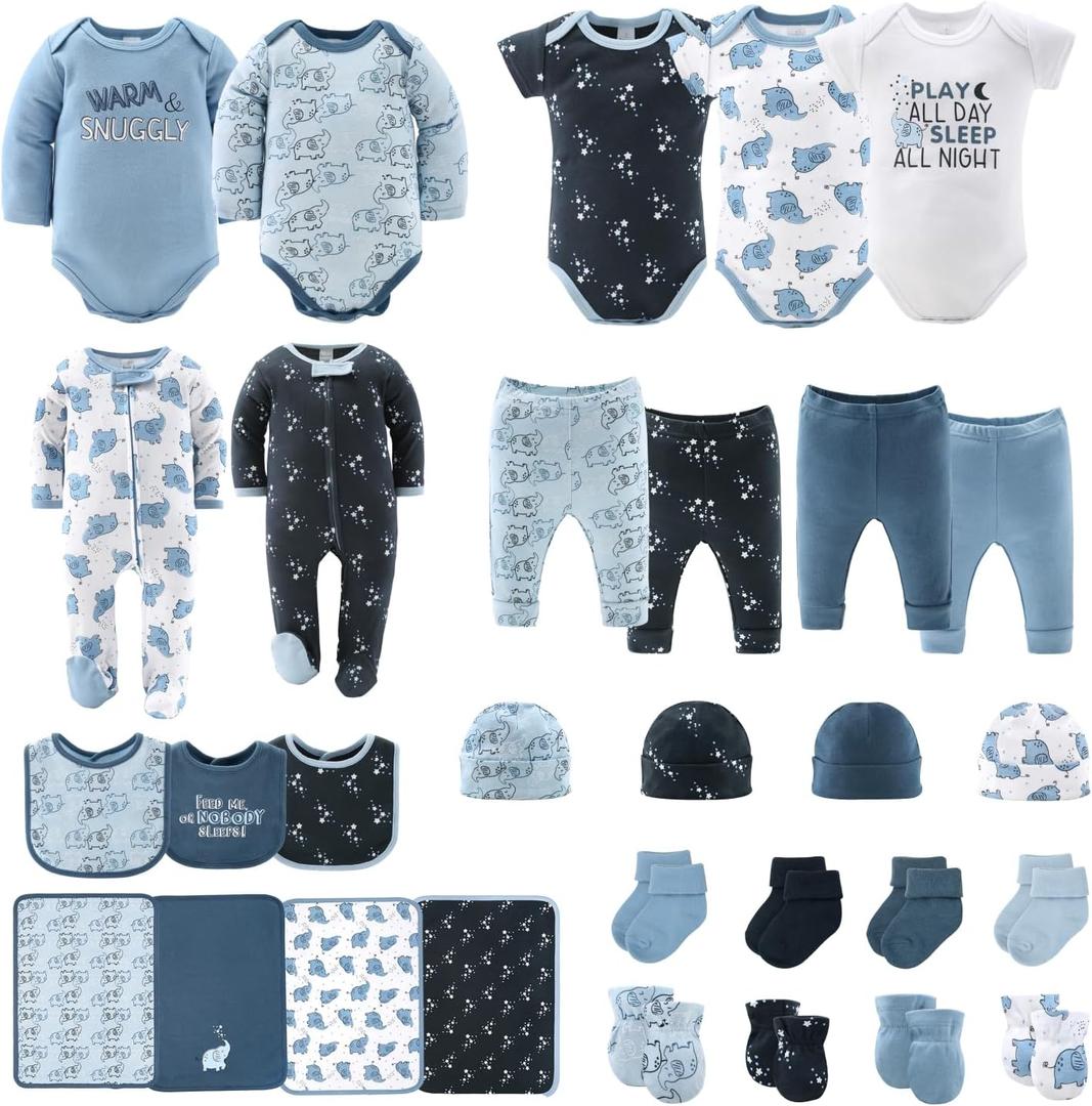 The Peanutshell Baby Layette Gift Set for Boys - 30 Piece Layette Set, Newborn to 9 Months Baby Boy Clothes - Elephant Blue (Blue)