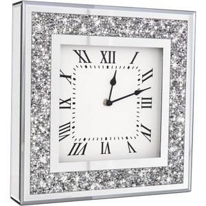 Crystal Crush Diamond Mirrored Square Wall Clock with Sparkle Twinkle Bling Diamond Decor for Wall Decoration, 12x12inch Decorative Silver Mirror Quartz Clock for Home Decor. AA Battery not included