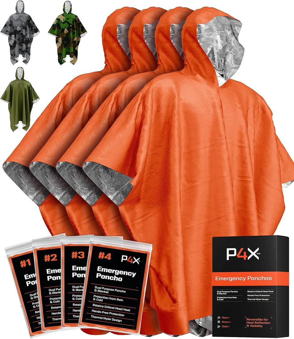 PREPARED4X Emergency Poncho and Mylar Blanket Liner - Heavey Duty, Waterproof, Wind-Resistant Green Outdoor Rain Poncho for Camping and Car Emergencies - 4 Pack (Orange)