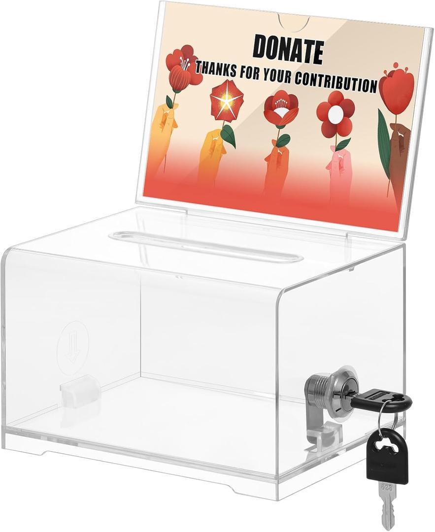 KYODOLED Clear Donation Box for Fundraising with Lock & Sign Holder, Multi-Use Voting and Raffle Box, Tip Jar, Secure Storage, Durable Plastic, 6.2'' x 4.6'' x 4.0'' (Clear-PS-1P)