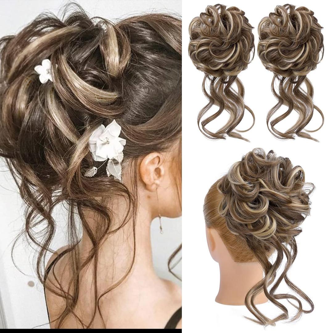 HOOJIH 2PCS Messy Bun Hair Piece, Tousled Updo With Tendrils Extensions, Wavy Curly Wrap Ponytail Hairpieces Scrunchies for Women HB010 Dasiy - Light Brown With Medium Golden Blonde