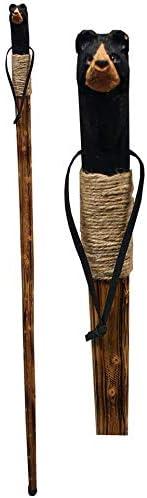Wood Walking Trekking Hiking Pole Stick with Twine Grip, Rubber Tip, Wrist Strap, 46", Carved Bear