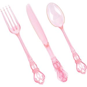 150PCS Pink Plastic Silverware - Heavy Duty Elegant Disposable Utensils - Vintage Clear Pink Cutlery Set Includes 50Forks, 50Spoons, 50Knives for Dinner Parties Weddings
