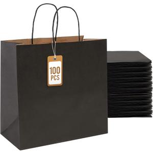 PAICUIKE 100Pcs Black Kraft Bags with Handles, 11x6x11 Inch Square Gift Bags for Retail, Shopping, Party Favors, Fathers Day, Events & Small Business | Sturdy & Versatile
