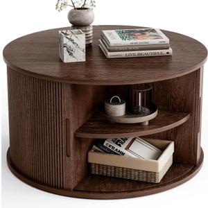 LINSY HOME Round Coffee Table, 31.5" Drum Coffee Table with Sliding Tambour Door, Fluted Accent Center Table with Storage, Mid Century Modern Coffee Table for Living Room, Walnut