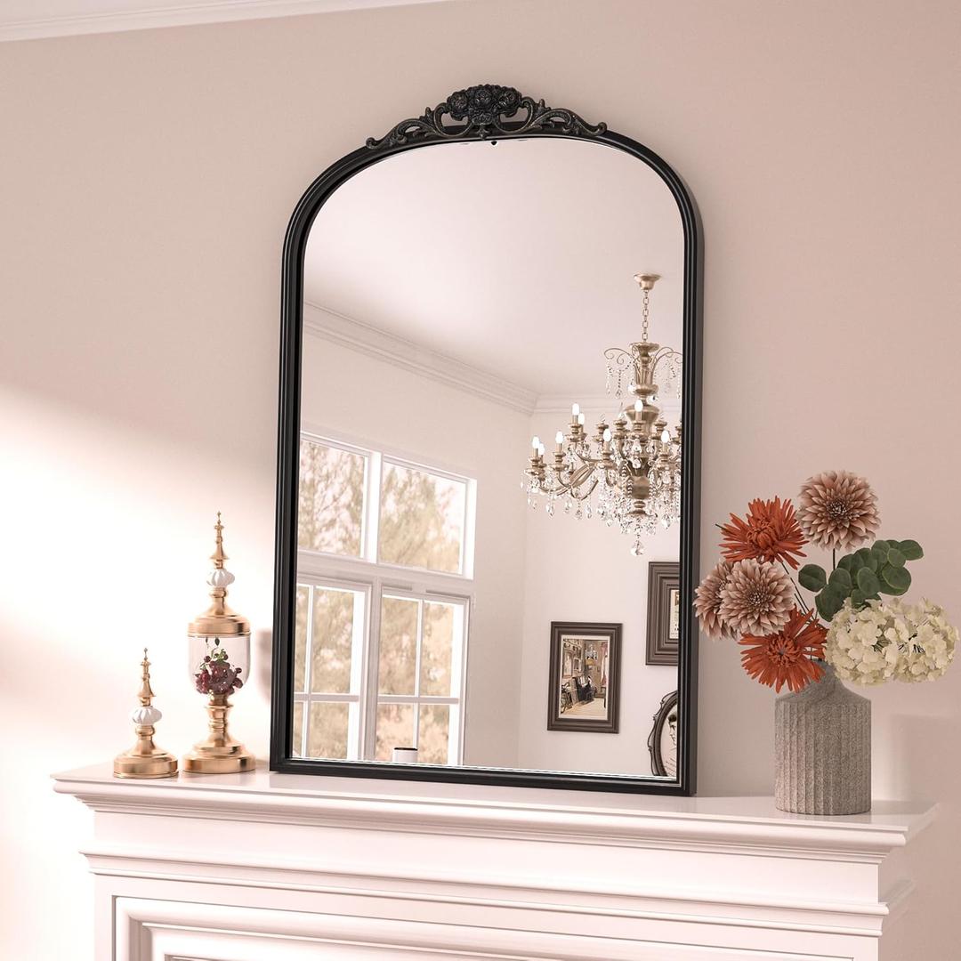 Keonjinn Antique Arched Mirror - 24" x 36", Black Vintage Wall Mirror with Metal Frame, Baroque Arch Design, Decorative for Mantle, Bathroom, Living Room, Hallway, Fireplace