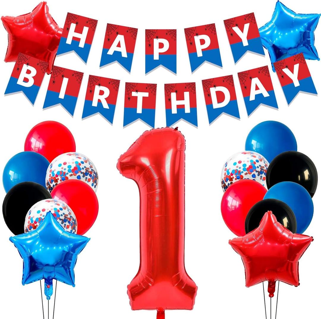 Cartoon Spider Birthday Decorations, 40-Inch Number 1 Balloon, Red Blue Black Confetti Balloons for Birthday Party (Red 1)