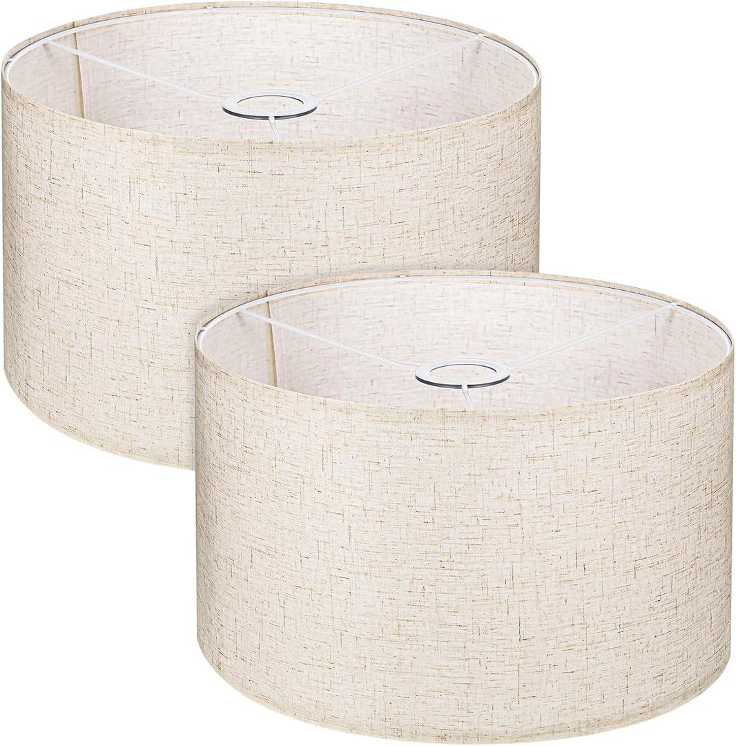 Beige Lamp Shades Set of 2, Small Replacement Drum Lamp Shades, Linen Lamps Shade for Table, Floor, Chandelier Lamps, Easy Assembly Required(11.8" Top X 11.8" Bottom X 7.9" High)