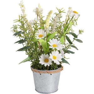 Artificial Flowers Potted, 12.2' Small Flower Arrangement with White Daisy Lavender in Metal Pot, Fake Floral Centerpieces for Tables Spring Summer All Season Home Indoor Decorations