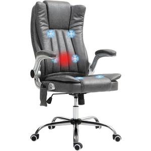 HOMCOM High Back Vibration Massage Office Chair, Leathaire Heated Computer Chair with Flip-up Armrest, Swivel Wheels & Adjustable Height, Gray (Grey)