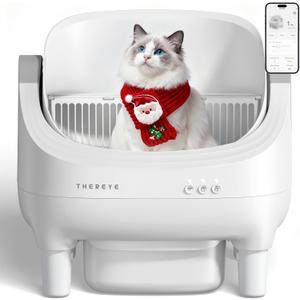 Thereye Self Cleaning Cat Litter Box, Open-Top Automatic Litter Box with APP Control, Safety Sensor and 10L Large Waste Bin, Smart Kitty Litter Boxes with Trash Bags and Mat for Multiple Cats
