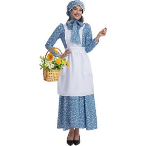 Pioneer Dress Women Colonial Costume with Bonnet Adult Long Colonial Floral Dress, M