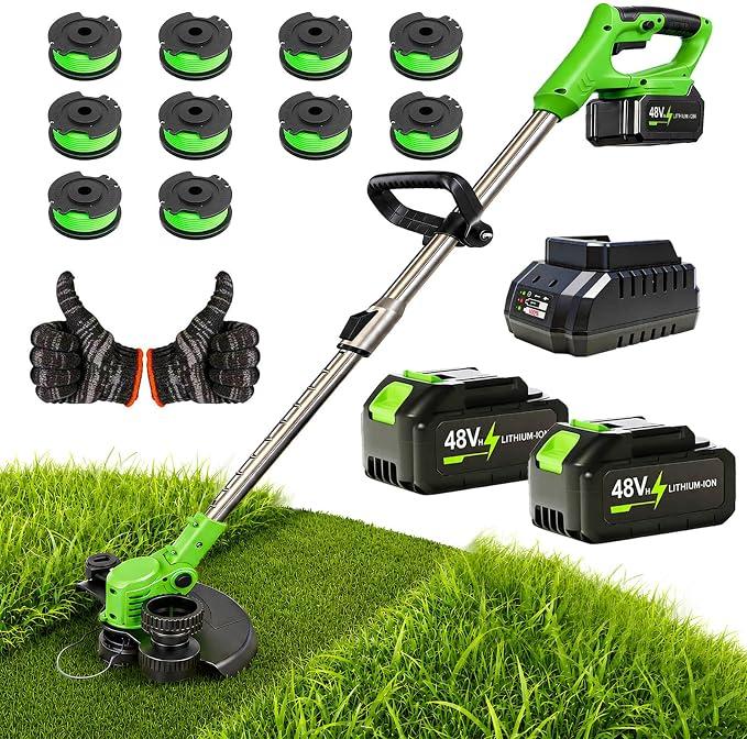 2026 New 48V 3 in 1 Cordless String Trimmer with Auto Spool Feed, 12’’ Electric Weed Wacker Cordless, 2x4.0AH Electric Weed Eater Battery Powered with 10 Replacement Spools (1 Set, Green)