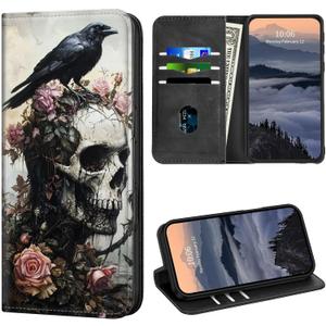 for Samsung Galaxy S25 Ultra Wallet Case 6.9" with [RFID Blocking] Credit Card Holder Kickstand Strong Magnetic PU Leather Flip Folio Card Slots Protective Phone Cover for Women Men, Crow Skull