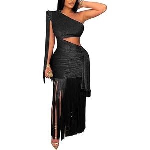 Womens Sexy One Shoulder Fringe Dress Summer Sleeveless Cut Out Tassel Evening Cocktail Party Maxi Dresses (Large, Black)