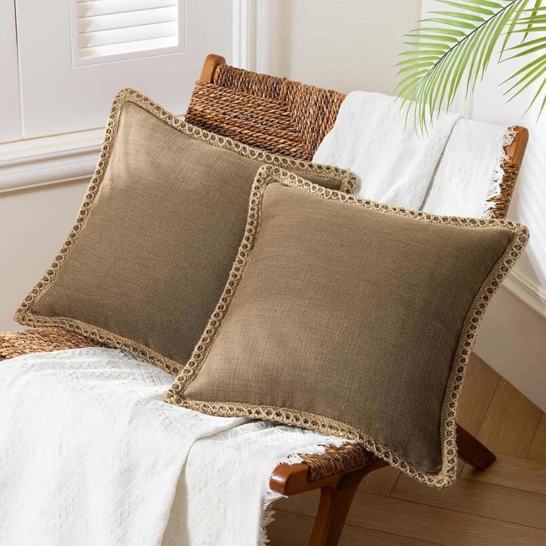 Phantoscope Pack of 2 Farmhouse Decorative Solid Throw Decorative Pillow Cover Burlap Linen Trimmed Tailored Edges Coffee 18 x 18 inches, 45 x 45 cm