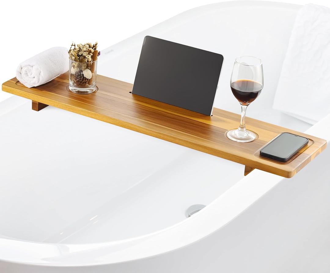 Bathtub Tray, Acacia Bath Tray for Tub, 34.6''x9'' Wooden Bathtub Caddy Tray with Adjustable Legs Fit Various Bathtubs, Anti-Tipping, Sustainable Bath Table with Wine Glass and Tablet Holder (Acacia)