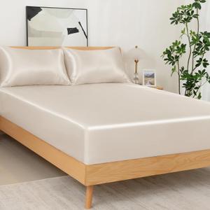 NSGZ 2 Pcs Satin Fitted Sheet and Pillowcase Set, Twin Silky Bottom Bedsheet Fit up to 15 Inch Deep Pocket Mattress, Beige Soft Satin Bedding Includes 1 Fitted Sheet and 1 Pillowcases