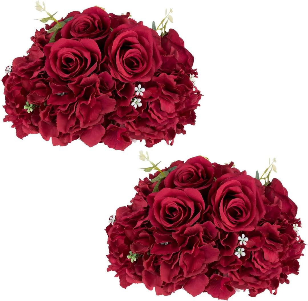 Wedding Flowers Flower Balls for Centerpieces - 2 Pcs Artificial Rose Balls, Burgundy Small Fake Flower Ball, Silk Hydrangea Floral Ball, Arrangement Bouquet for Wedding Tables, Party, Home Decor
