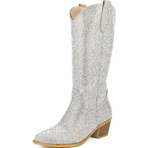 SOVANYOU Women's Cowboy Boots Western Boots Pointed Almond Toe Block Heel Sparkly Cowgirl Tall Boot (11)
