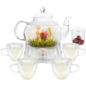 Glass Teapot Set, 40OZ/1200ml Stovetop Safe Glass Tea Kettle with 4 Double-Wall Tea Cups & Loose Tea Infuser & Tea Warmer, Dishwasher Safe Tea Maker, Blooming Tea Gift Set For Women