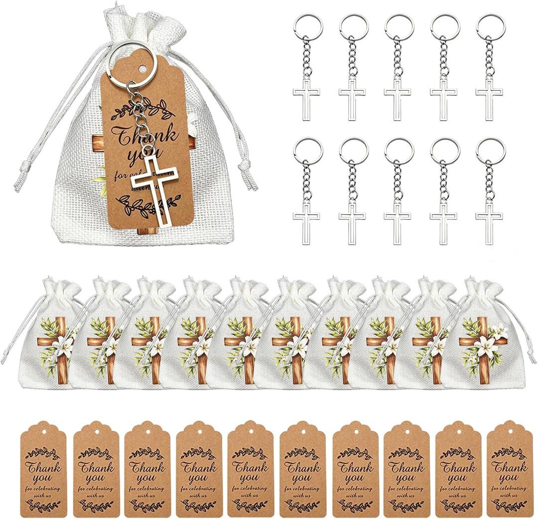 10 Sets Cross Keychain Party Favors, White Lily Burlap Drawstring Bags and Thank You Kraft Tags, Crucifix Key Ring for Communion, Wedding, and Religious Event Souvenirs
