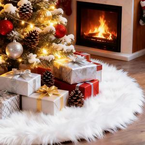 Christmas Tree Skirt 60 Inch White - Fluffy Faux Fur Christmas Tree Mat & Decoration for Indoor Outdoor Use