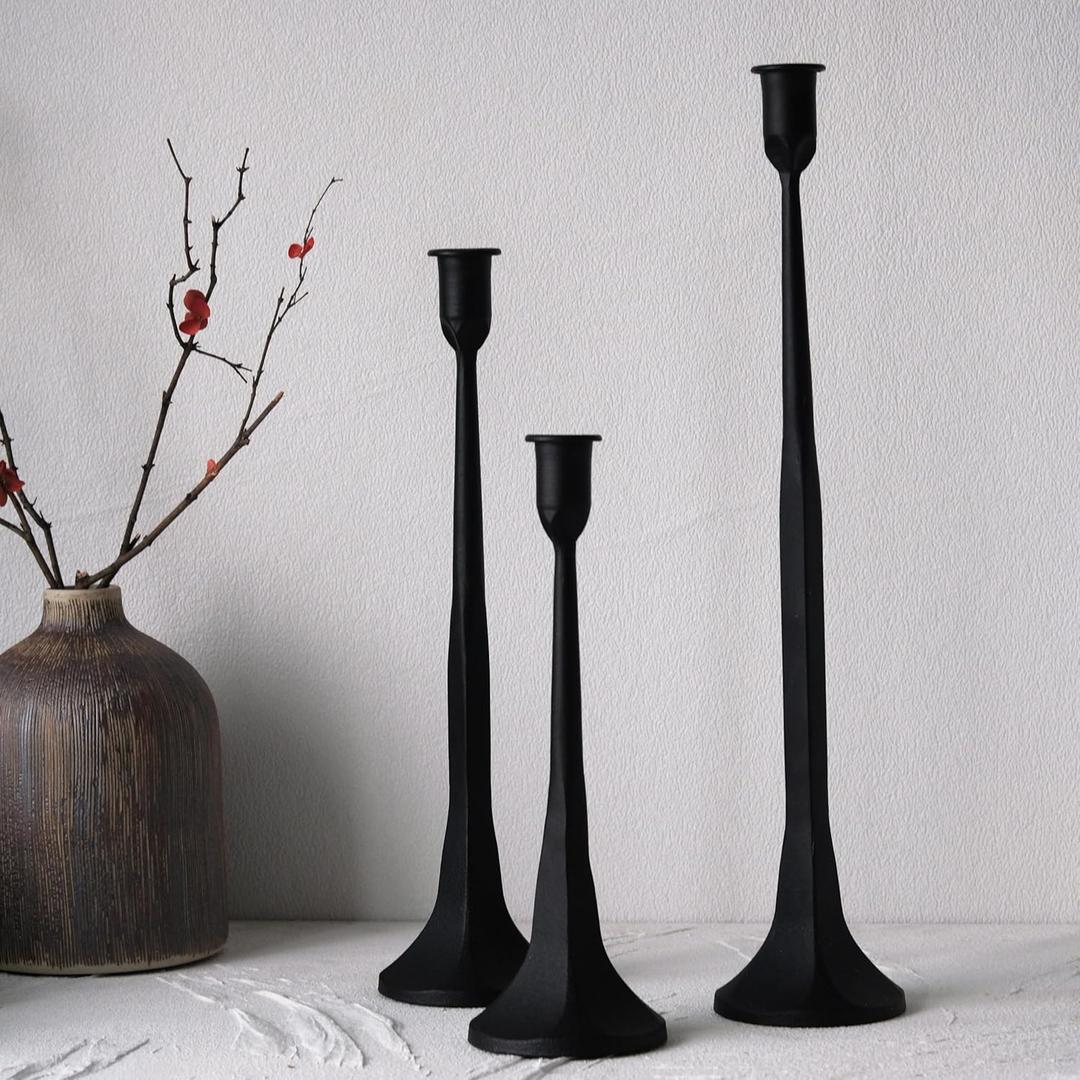 Denique Iron Taper Candle Holder Set of 3, Black Candlestick Holders Decorative Candle Stand, Tapered Candle Holders Tall Set for Wedding, Dining Table, Home Decoration (Black) (12,14,15.5)