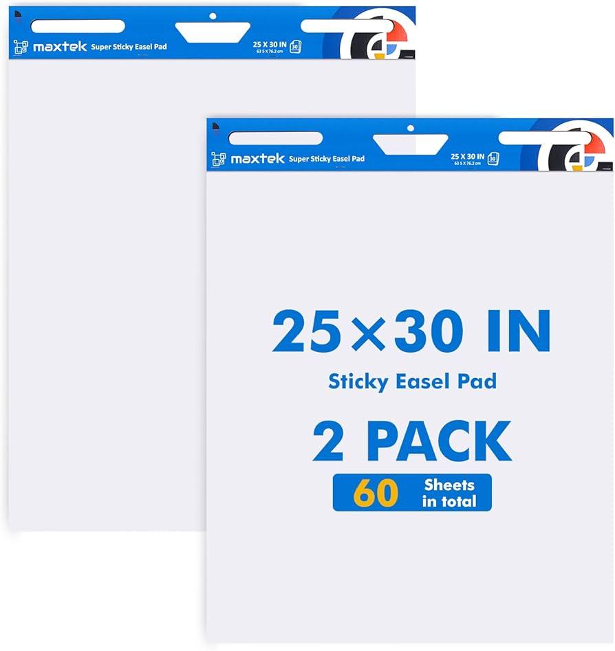 Maxtek Chart Paper 25"x30", Large Sticky Easel Pad with 2 Packs, 60 Sheets, Upgraded Big Anchor Flip Chart Paper with Super Sticky Back, Self-Stick Paper for Walls & Easels