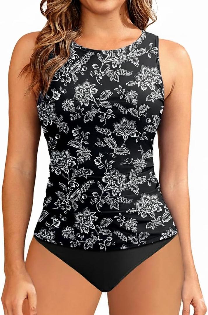 Aqua Eve Women's High Neck Tankini Swimsuits - Two Piece Tummy Control Bathing Suits Modest Swimwear 2025 (Small, Black Foral)