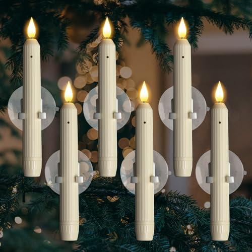 Homemory 6 Pcs Window Candles with Sensor Dusk to Dawn, Ivory Striped Candlesticks with Suction Cups, Roman Column Christmas Window Candle Battery Operated, Flameless Led Taper Candles for Windows