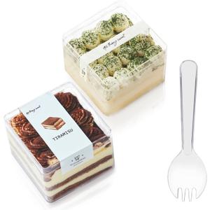 Plastic Square Dessert Cups Boxes with Lids and Sporks,packaging for baked,Cookie Tiramisu Containers for Fruit,Pudding,Mousse,Parfait Cups With Lids(20, 12oz 3.3 * 3.3 * 2.5in boxes+Sporks+Stickers) (Clear)