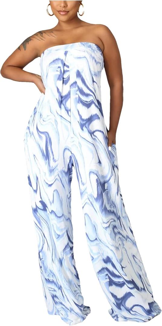 UIOKLMJH Women Fashion Print Off The Shoulder Pocket Bra Print Jumpsuit (Small, 11208)