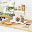 Forbena Bathroom Organizer Countertop, Counter Organizer for Bathroom Decor, Wooden Sink Shelf for Vanity Storage, Makeup Tray for Perfume Skincare Bedroom Kitchen Corner (2 Tier, White and Gold)