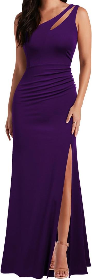 WOOSEA Women's One Shoulder Sleeveless Split Bodycon Mermaid Evening Cocktail Long Dress, Large, Purple