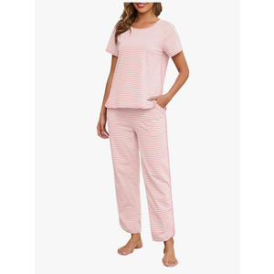 Womens Pajama Sets Cotton 2 Piece Lounge Set Stripe Short Sleeve Pj Set Comfy Loungewear Sleepwear with Pockets, Size Large