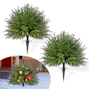 2 Pack 24" Artificial Norfolk Tree Christmas Topiary with Spike for Outdoor Front Porch Decor, Christmas Urn Fillers for Planters, Small Christmas Tree for Indoor Pathway Front Porch Decorations
