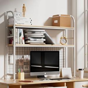 Cehsb 2-Tier Desktop Hutch Bookshelf - Metal Desk Shelf Bookcase with Grid Panel, Countertop Storage Organizer Rack for Dorm or Office, White, 45.3" W