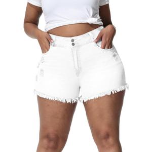 Gocolloa Women Plus Size Jean Shorts Sexy Stretchy High Waisted Frayed Raw Hem Denim Shorts, White, Size: 26W