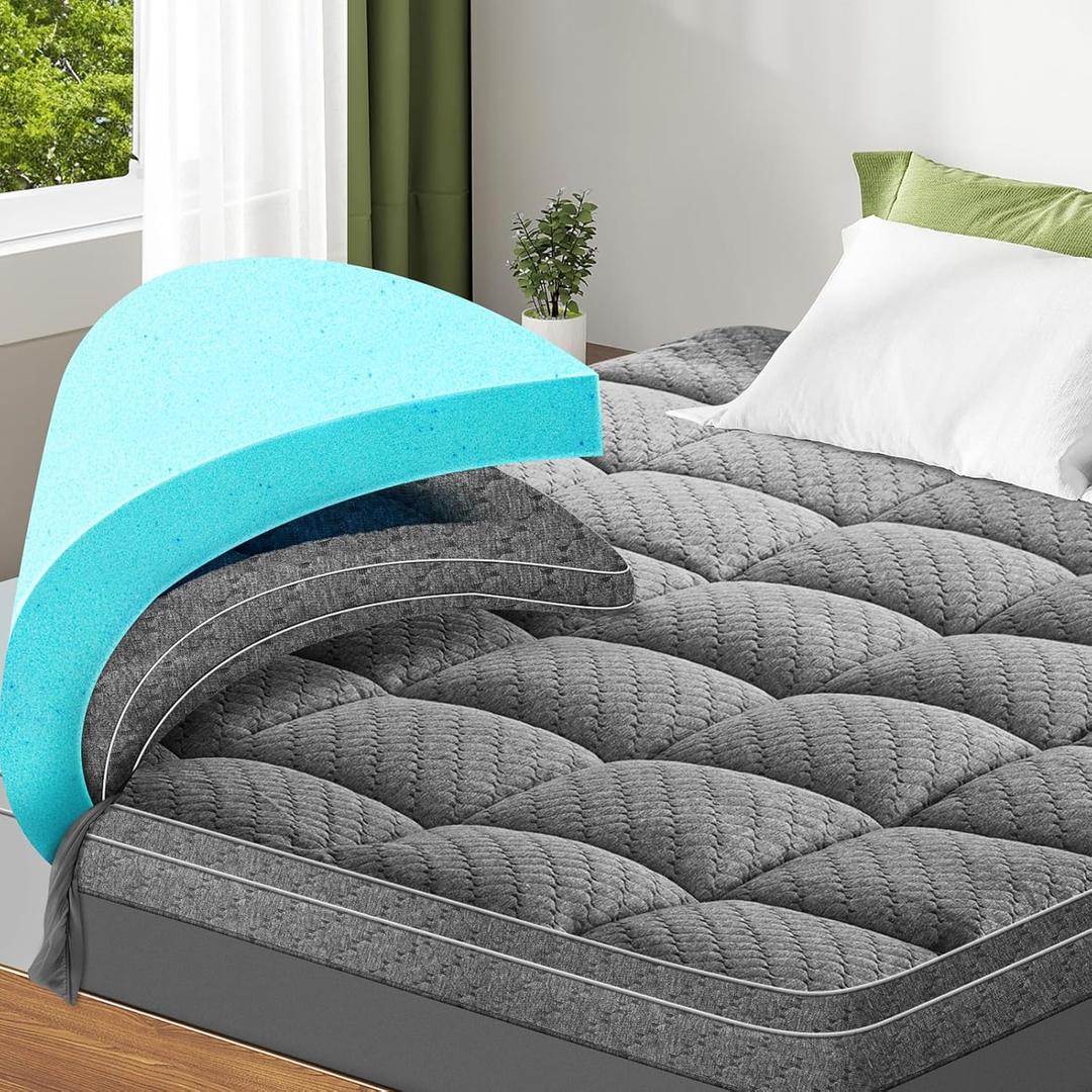 Dual Layer 3 Inch Memory Foam Mattress Topper King Size, 2 Inch Cooling Gel Memory Foam Plus 1 Inch Pillow Top Mattress Pad Cover, with 8-21 Inch Deep Pocket, Grey