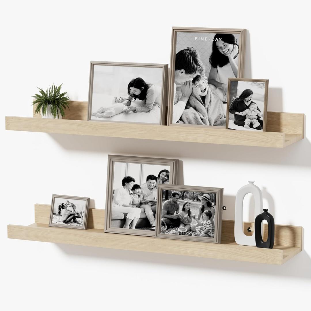 24inch Floating Picture Ledge Shelves 2-Pack, Oak Wall Mounted Shelves with Lip for Nursery, Kids Room, Living Room & Bedroom, Sturdy Floating Book Shelves for Photo Frames & Decor